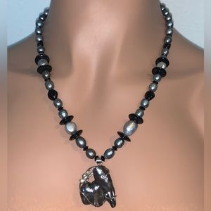OOAK Sterling Silver Biwa Pearl Spinel Onyx & CZ Necklace